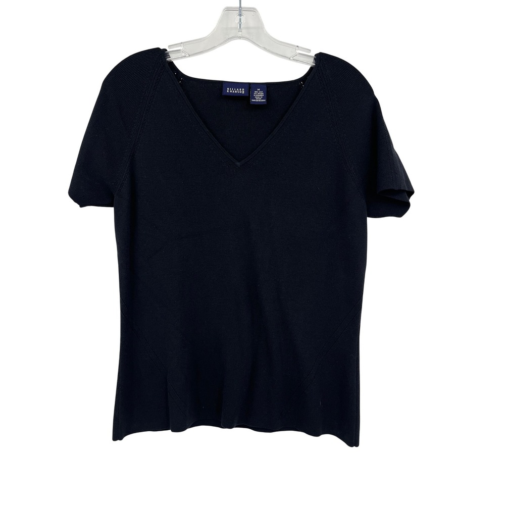 Hillard & Hanson Womens Black Silk Blend V-Neck Short Sleeve Ribbed Sweater M